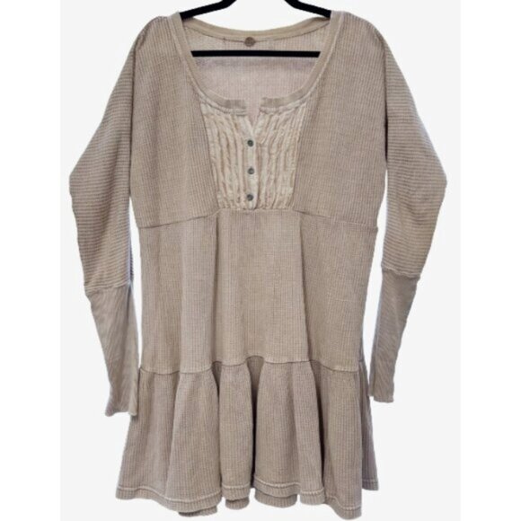 Free People FP One Jolene Thermal Henley Tier Mini Dress Boho oversized Sand S - Picture 3 of 9
